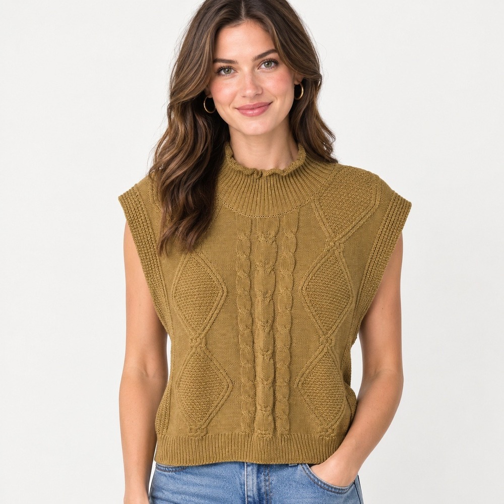 Grace Preppy Light Academia Camel Brown Cable Knit Sweater Vest Medium Roll Neck